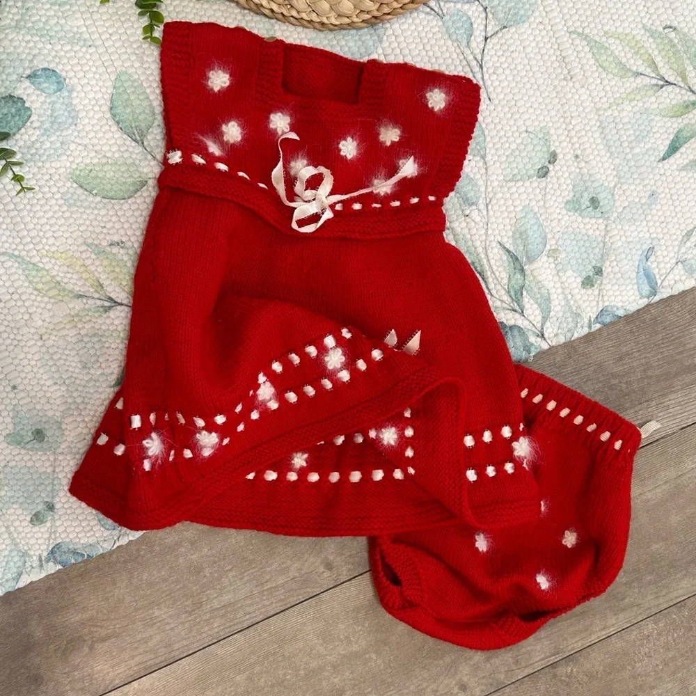 Red Knitted Baby Dress with White Accents